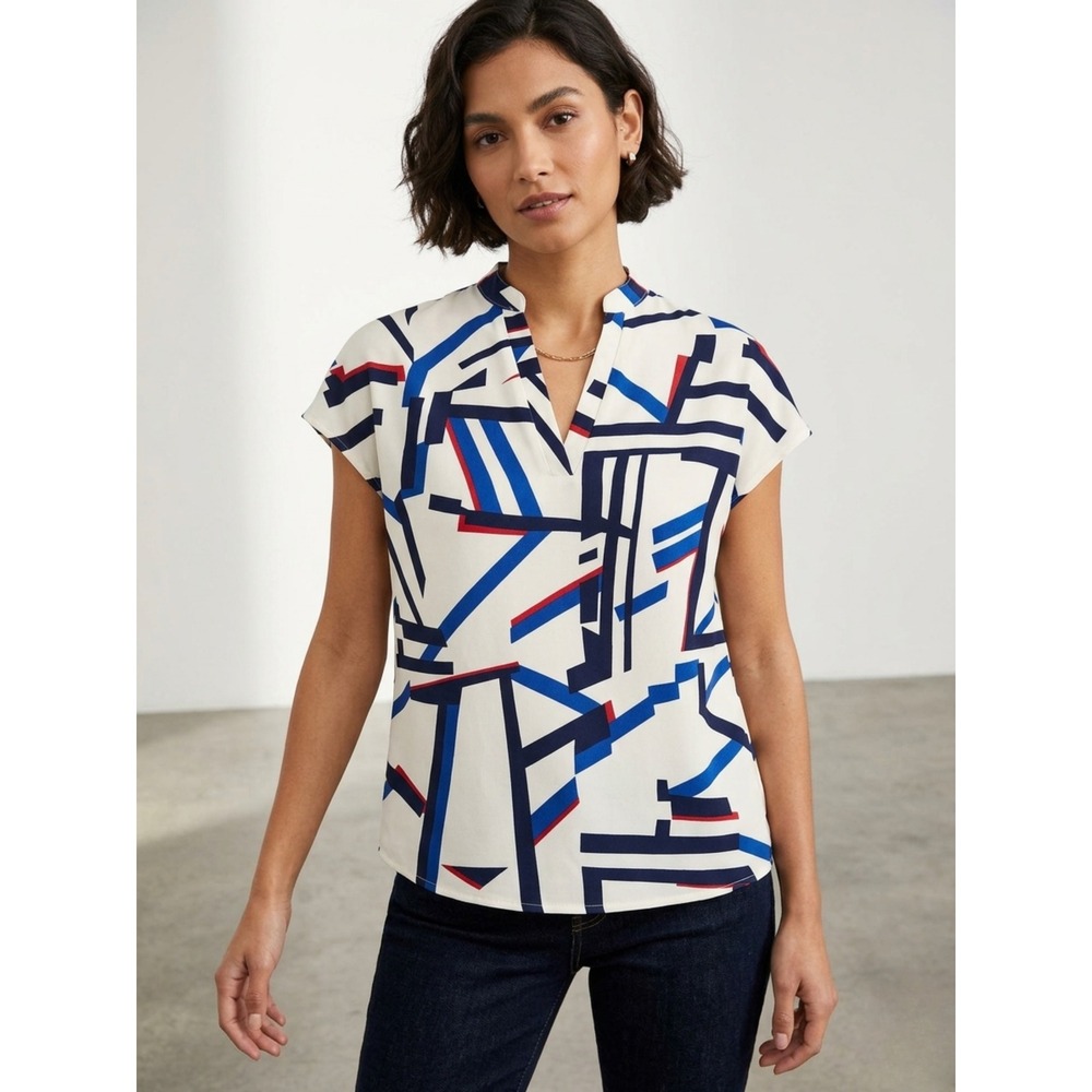 Geometric Abstract Print Short Sleeve V-Neck Blouse Size XS